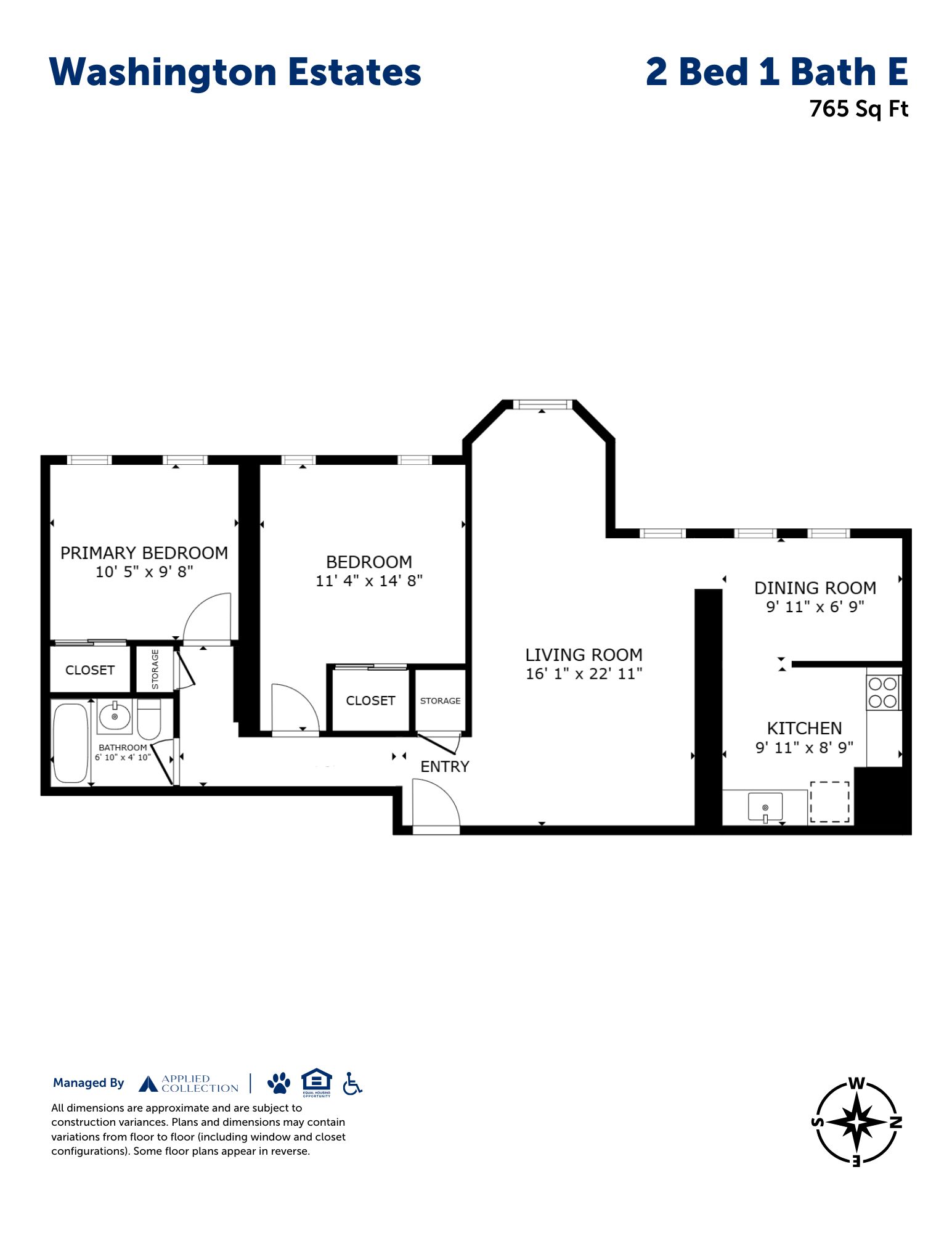 Floor plan for 2 beds, 1 bath, 765 sqft